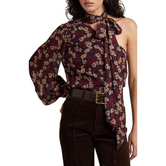 POLO Ralph Lauren One Sleeve Georgette Blouse Neck Tie NEW NWT $398 Size 2 - Picture 1 of 10